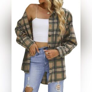 Fantaslook Oversized Plaid Flannel Shirt, Khaki/Brown/Green, Women’s L, NWT